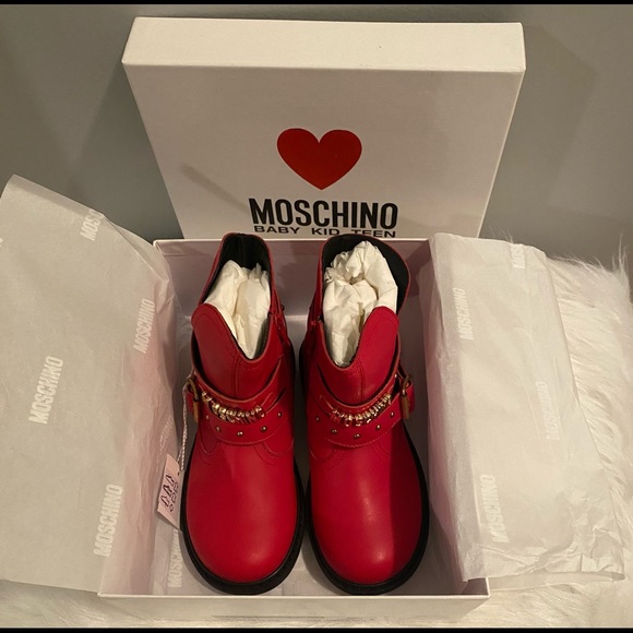 HOST PICK‼️Moschino Kid Rosso Red Leather Motor Boot Size 28 - Picture 5 of 11
